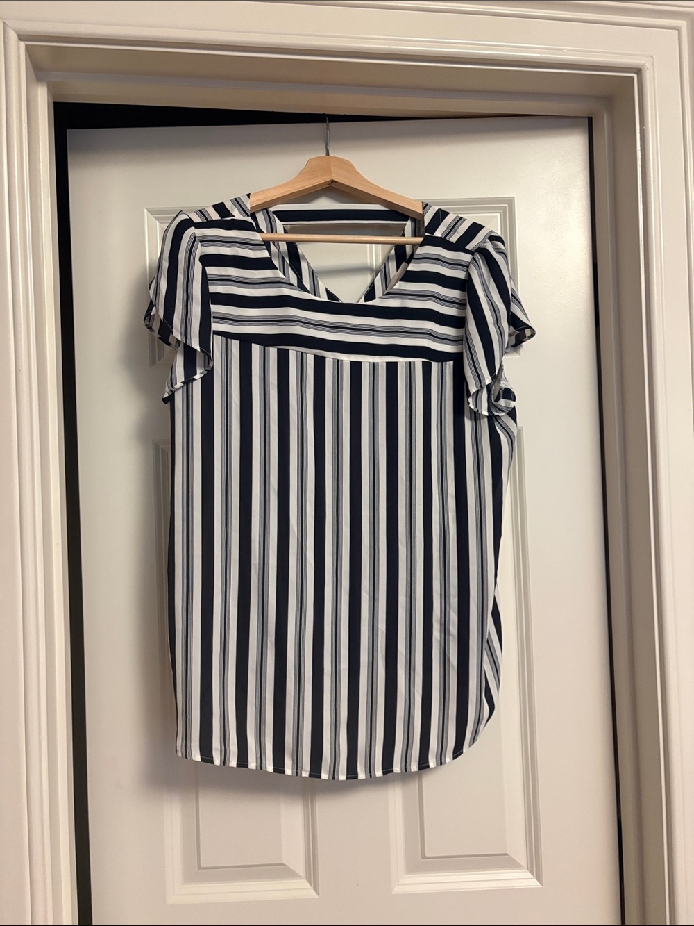 LOFT Navy and White Vertical Stripe V-Neck Flutter Sleeve Blouse